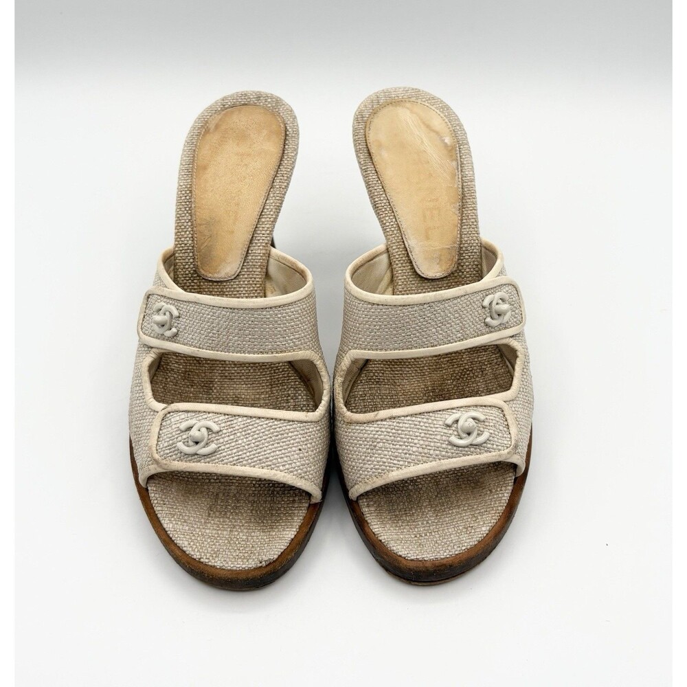 Chanel Gray Canvas Turnlock Mules Sandals Heels CC Logo Vintage Y2K EU 35 - Picture 2 of 10